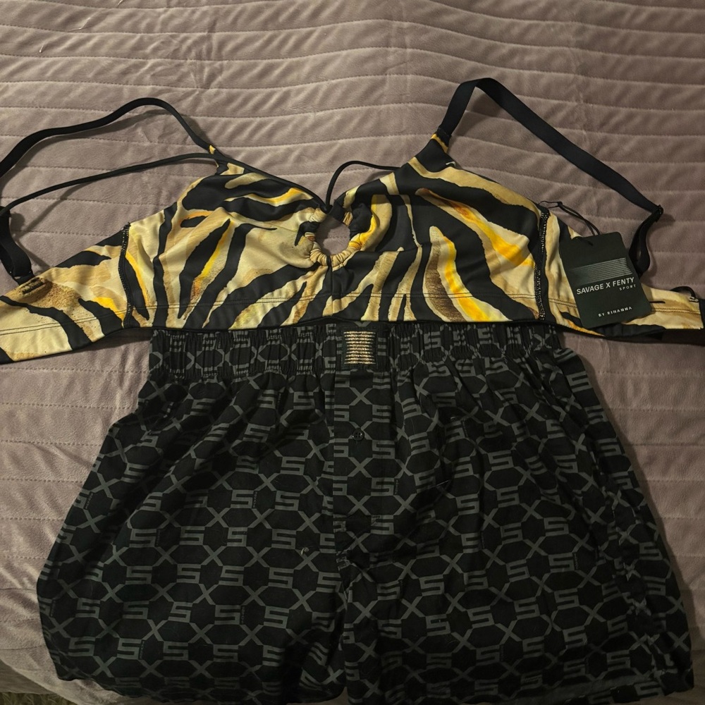 Savage & Fenty Animal Print Bikini Top (NWT) and Black Patterned Shorts - Picture 1 of 5
